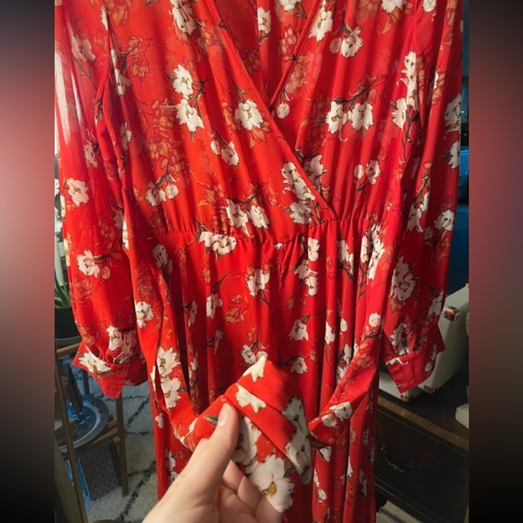 Indigo Rose Red Floral Faux Wrap Tie Waist Maxi Dress - Picture 4 of 5